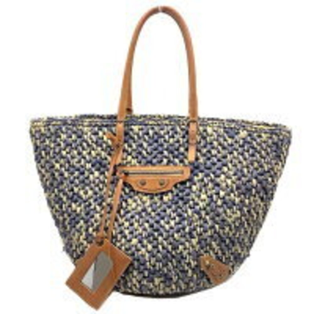 BALENCIAGA Straw Tan Bag Raffia Basket Tote Navy Blue Beige Brown Leather